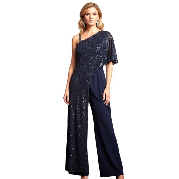 R & M Richard’s Black Wrap Glitter Jumpsuit 12 Formal One-Shoulder Asymmetrical - Picture 1 of 11